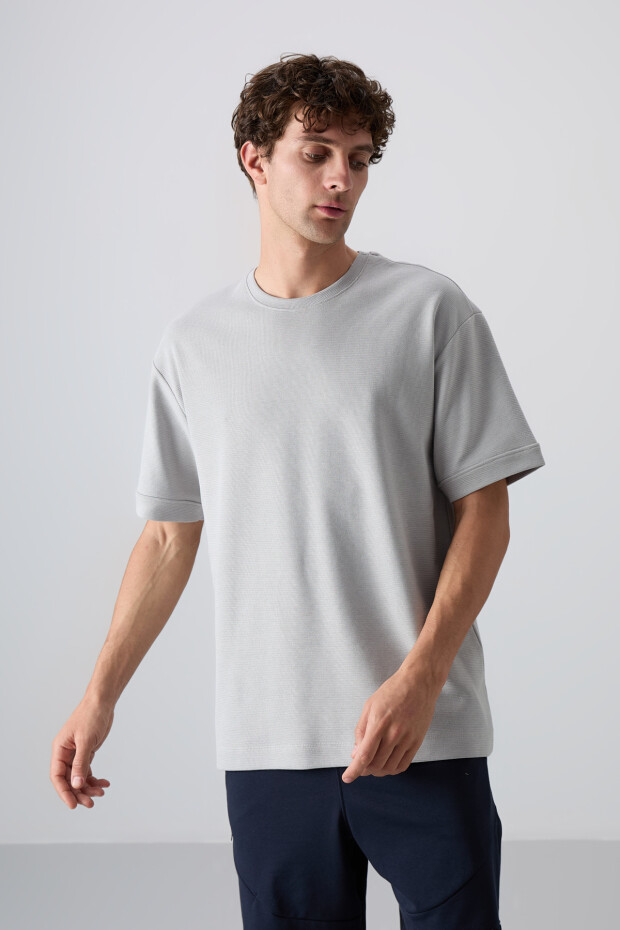 Taş Pamuklu Kalın Yüzeyi Dokulu Oversize Fit Basic Erkek T-Shirt - 88339 - 4