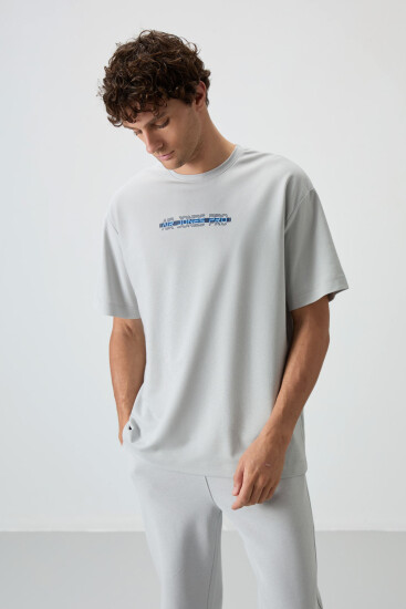 Taş Pamuklu Kalın Yüzeyi Dokulu Oversize Fit Baskılı Erkek T-Shirt - 88365 