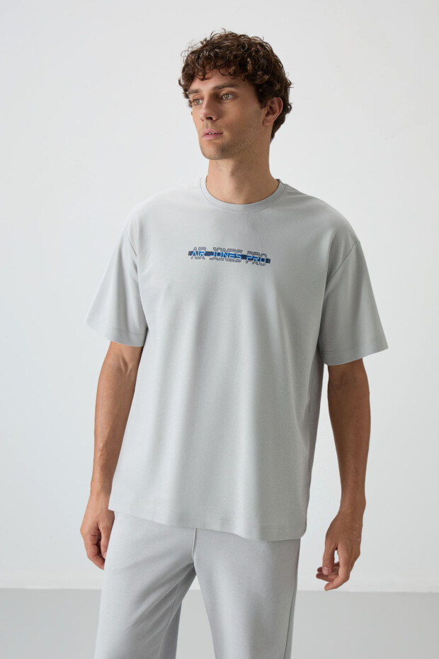 Taş Pamuklu Kalın Yüzeyi Dokulu Oversize Fit Baskılı Erkek T-Shirt - 88365