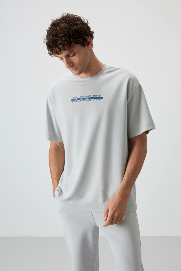 Taş Pamuklu Kalın Yüzeyi Dokulu Oversize Fit Baskılı Erkek T-Shirt - 88365