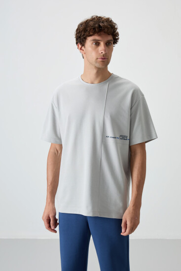 Taş Pamuklu Kalın Yüzeyi Dokulu Oversize Fit Baskılı Erkek T-Shirt - 88370 