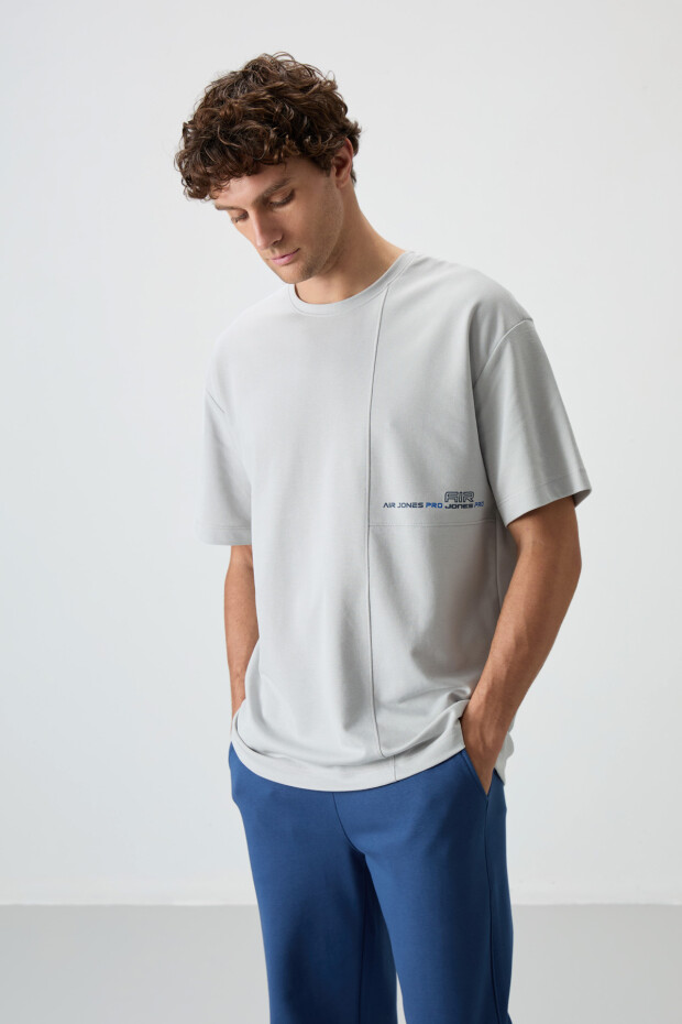 Taş Pamuklu Kalın Yüzeyi Dokulu Oversize Fit Baskılı Erkek T-Shirt - 88370