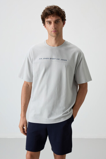 Taş Pamuklu Kalın Yüzeyi Dokulu Oversize Fit Baskılı Erkek T-Shirt - 88371 
