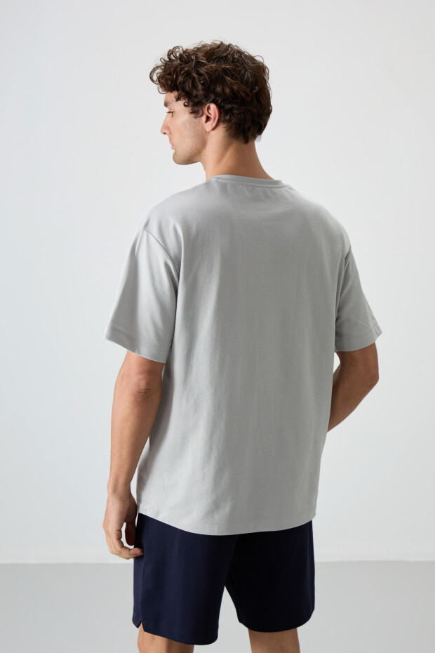 Taş Pamuklu Kalın Yüzeyi Dokulu Oversize Fit Baskılı Erkek T-Shirt - 88371 - 5