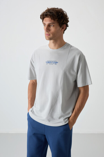 Taş Pamuklu Kalın Yüzeyi Dokulu Oversize Fit Baskılı Erkek T-Shirt - 88372 