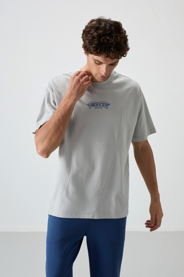 Taş Pamuklu Kalın Yüzeyi Dokulu Oversize Fit Baskılı Erkek T-Shirt - 88372 - 4