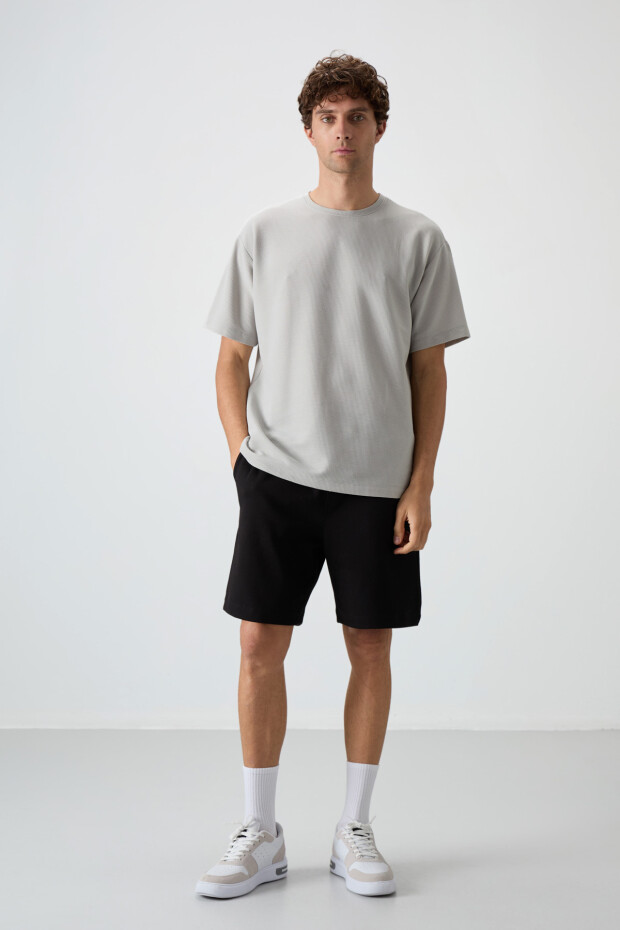 Taş Waffle İnterlok Yüzeyi Dokulu Oversize Fit Basic Erkek T-Shirt - 88379 - 2