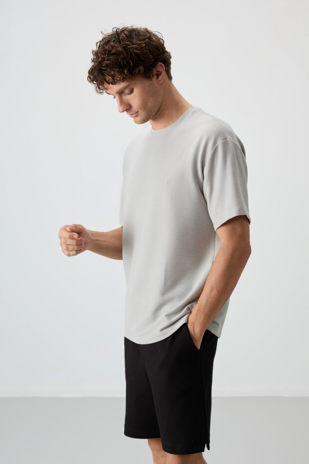 Taş Waffle İnterlok Yüzeyi Dokulu Oversize Fit Basic Erkek T-Shirt - 88379 - 4