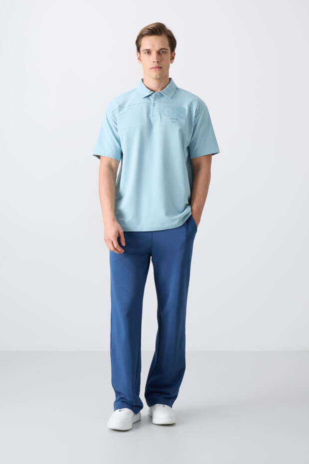 Açık Mavi Pamuklu Kalın Yumuşak Dokulu Oversize Fit Baskılı Polo Yaka Erkek T-Shirt - 88347