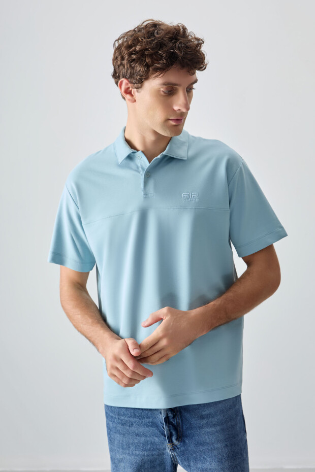 Açık Mavi Pamuklu Kalın Yumuşak Dokulu Polo Yaka Oversize Fit Basic Erkek T- Shirt - 88382