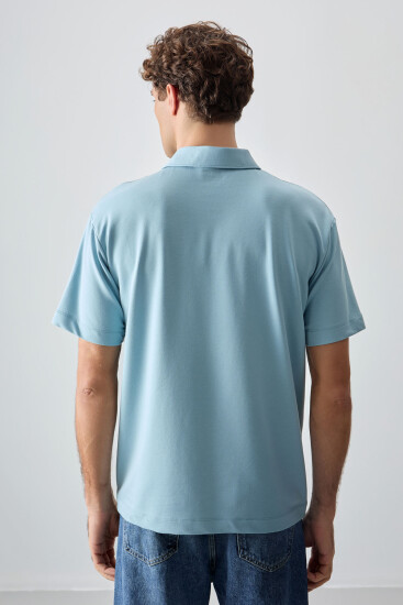 Açık Mavi Pamuklu Kalın Yumuşak Dokulu Polo Yaka Oversize Fit Basic Erkek T- Shirt - 88382 - Thumbnail