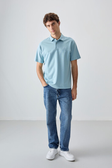 Açık Mavi Pamuklu Kalın Yumuşak Dokulu Polo Yaka Oversize Fit Basic Erkek T- Shirt - 88382 - Thumbnail