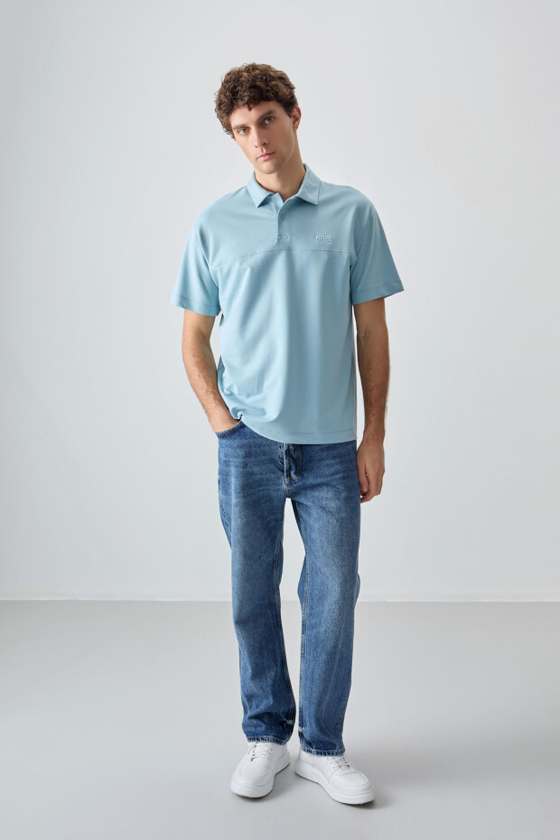 Açık Mavi Pamuklu Kalın Yumuşak Dokulu Polo Yaka Oversize Fit Basic Erkek T- Shirt - 88382