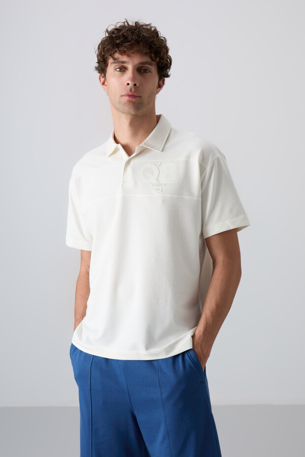 Ekru Pamuklu Kalın Yumuşak Dokulu Oversize Fit Baskılı Polo Yaka Erkek T-Shirt - 88347