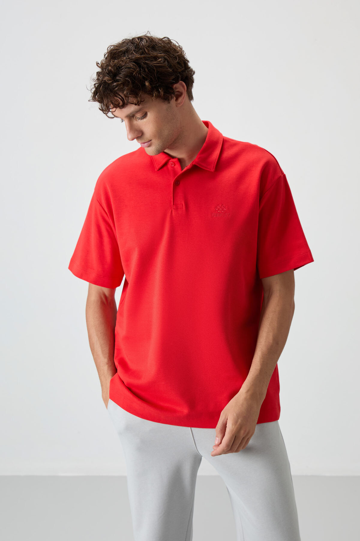 Fiesta Pamuklu Kalın Yumuşak Dokulu Oversize Fit Basic Polo Yaka Erkek T-Shirt - 88327 - TOMMYLIFE