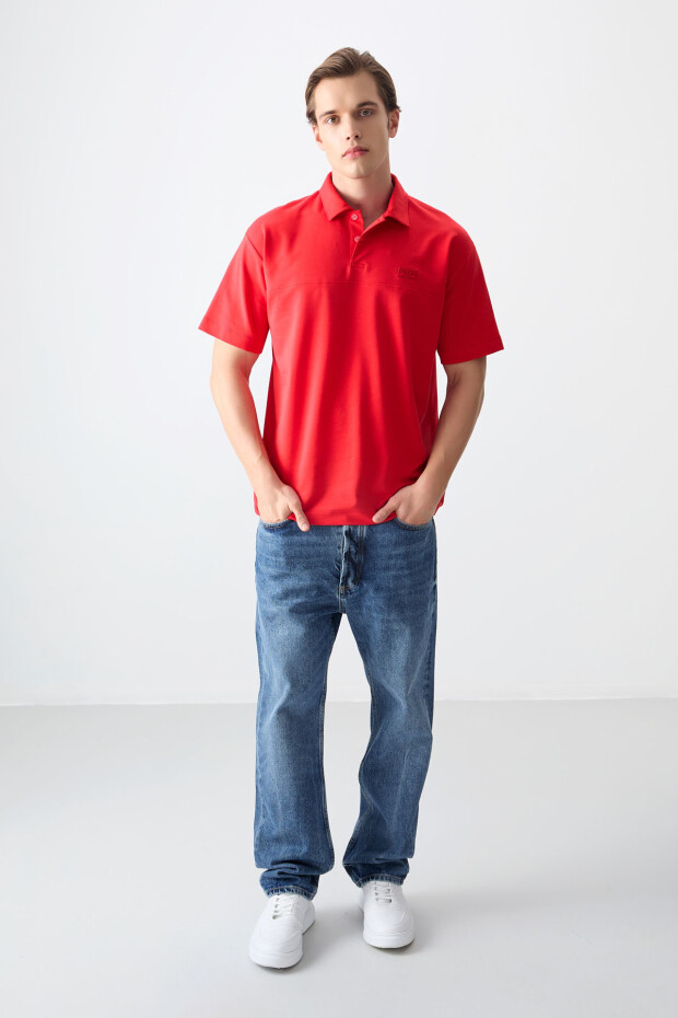 Fiesta Pamuklu Kalın Yumuşak Dokulu Polo Yaka Oversize Fit Basic Erkek T- Shirt - 88382 - 4