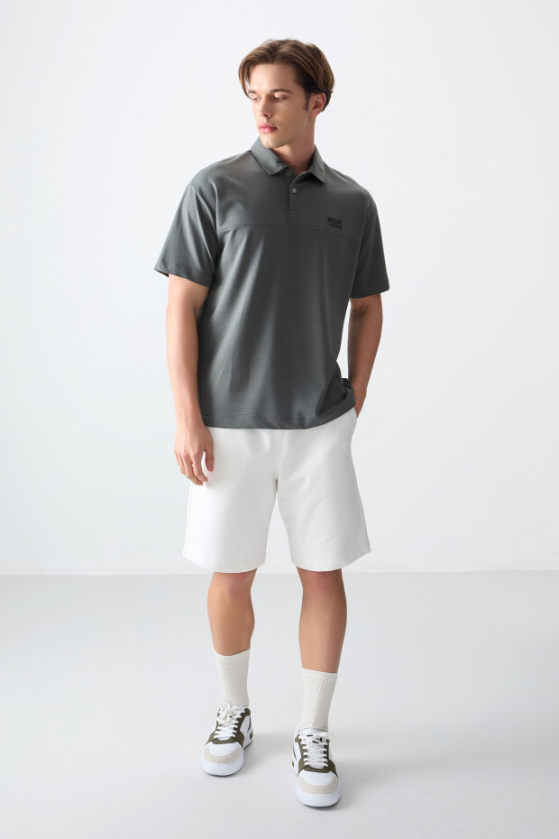 Haki Pamuklu Kalın Yumuşak Dokulu Polo Yaka Oversize Fit Basic Erkek T- Shirt - 88382