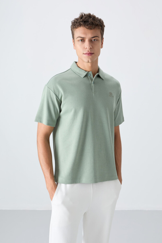 Açık Yeşil Pamuklu Kalın Yumuşak Dokulu Oversize Fit Basic Polo Yaka Erkek T-Shirt - 88327