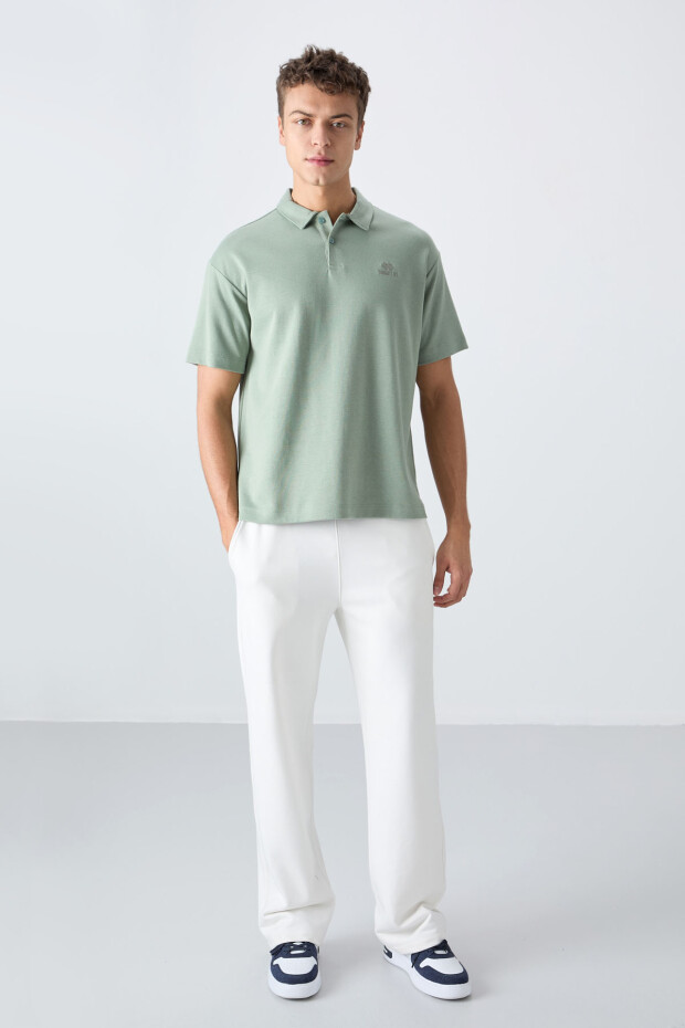 Açık Yeşil Pamuklu Kalın Yumuşak Dokulu Oversize Fit Basic Polo Yaka Erkek T-Shirt - 88327