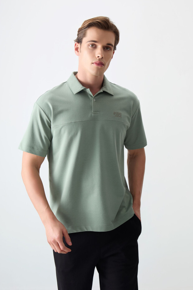 Açık Yeşil Pamuklu Kalın Yumuşak Dokulu Polo Yaka Oversize Fit Basic Erkek T-Shirt - 88382