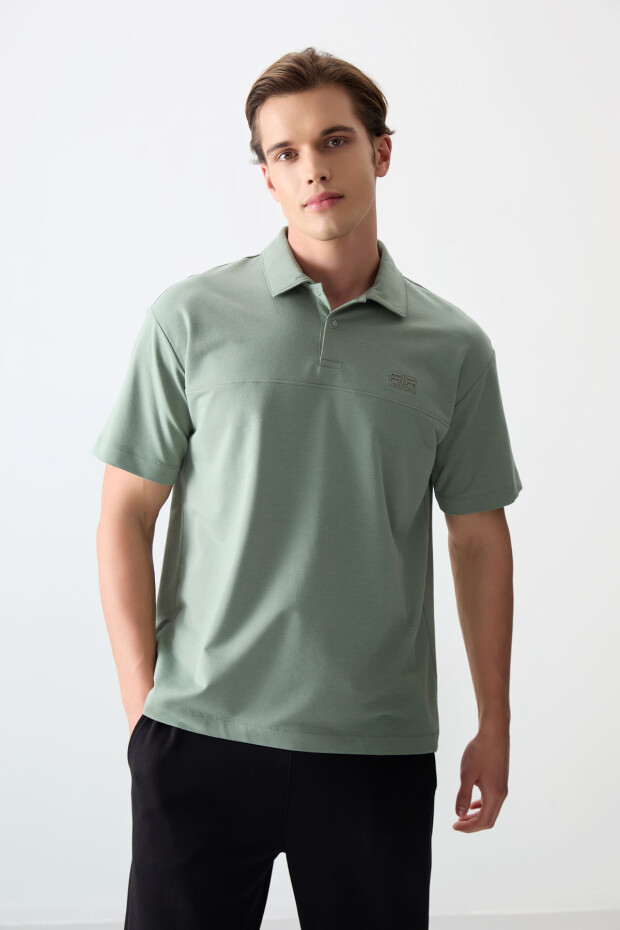 Açık Yeşil Pamuklu Kalın Yumuşak Dokulu Polo Yaka Oversize Fit Basic Erkek T-Shirt - 88382