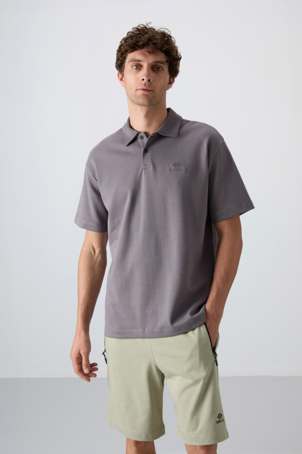 Koyu Gri Pamuklu Kalın Yumuşak Dokulu Oversize Fit Basic Polo Yaka Erkek T-Shirt - 88327 - 3