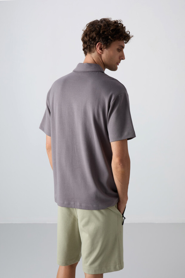 Koyu Gri Pamuklu Kalın Yumuşak Dokulu Oversize Fit Basic Polo Yaka Erkek T-Shirt - 88327 - 5