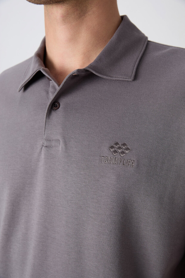 Koyu Gri Pamuklu Kalın Yumuşak Dokulu Oversize Fit Basic Polo Yaka Erkek T-Shirt - 88327 - 4