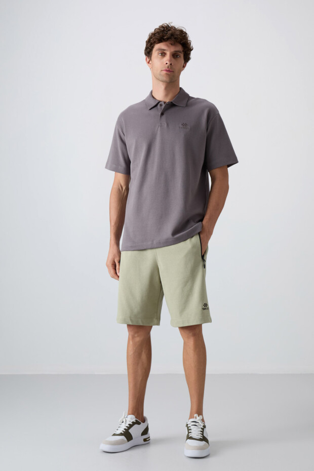 Koyu Gri Pamuklu Kalın Yumuşak Dokulu Oversize Fit Basic Polo Yaka Erkek T-Shirt - 88327