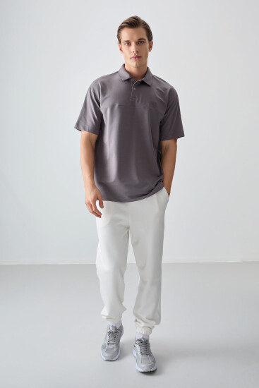 Koyu Gri Pamuklu Kalın Yumuşak Dokulu Polo Yaka Oversize Fit Basic Erkek T- Shirt - 88382 - Thumbnail