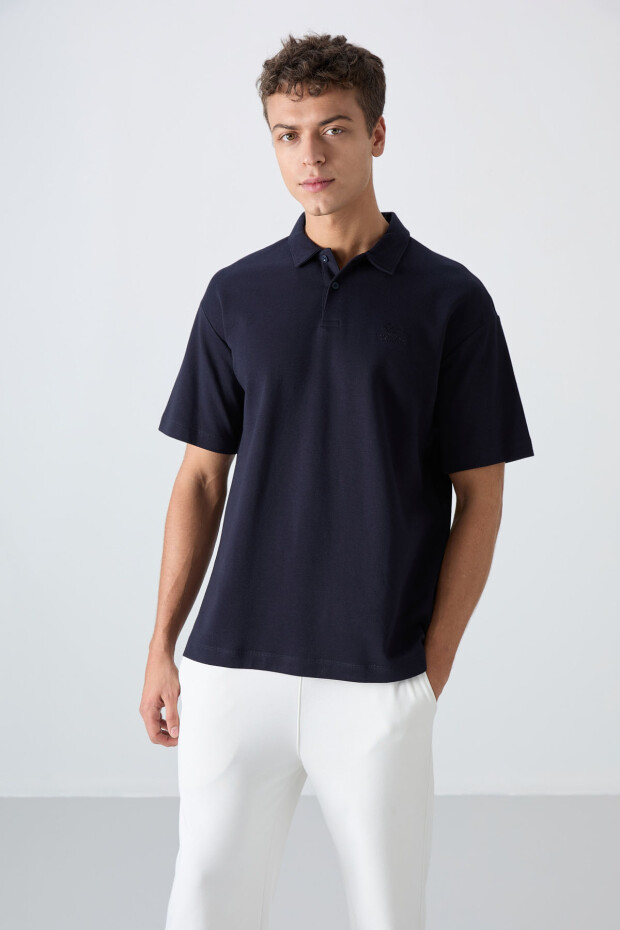 Lacivert Pamuklu Kalın Yumuşak Dokulu Oversize Fit Basic Polo Yaka Erkek T-Shirt - 88327