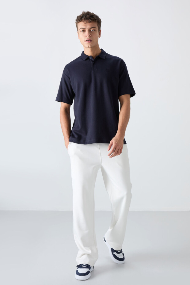 Lacivert Pamuklu Kalın Yumuşak Dokulu Oversize Fit Basic Polo Yaka Erkek T-Shirt - 88327