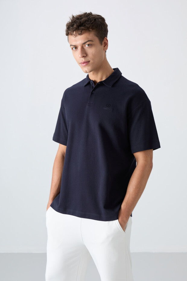 Lacivert Pamuklu Kalın Yumuşak Dokulu Oversize Fit Basic Polo Yaka Erkek T-Shirt - 88327