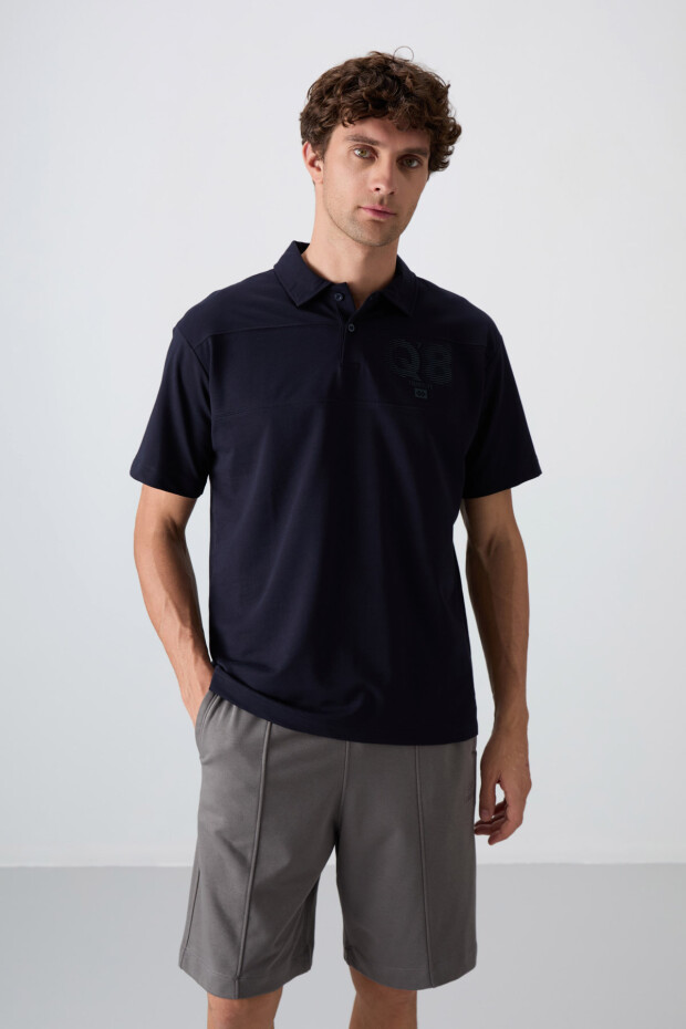 Lacivert Pamuklu Kalın Yumuşak Dokulu Oversize Fit Baskılı Polo Yaka Erkek T-Shirt - 88347