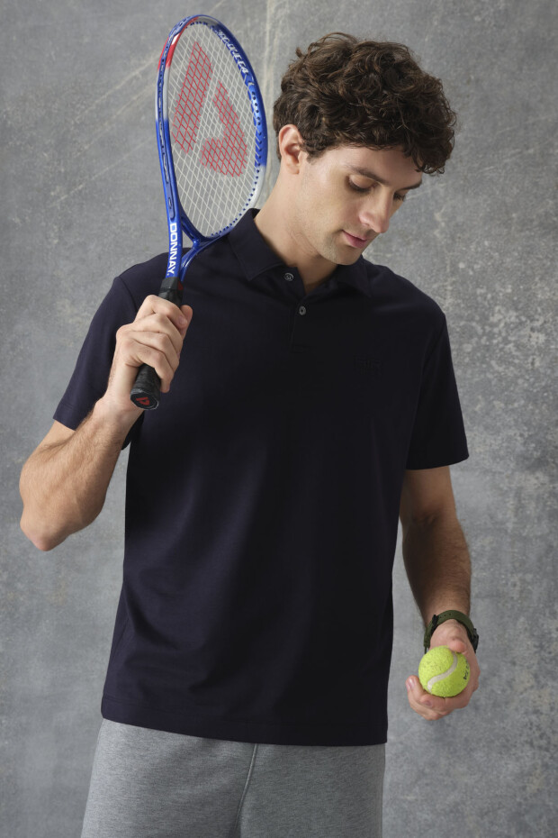 Lacivert Pamuklu Kalın Yumuşak Dokulu Polo Yaka Oversize Fit Basic Erkek T- Shirt - 88382 - 1