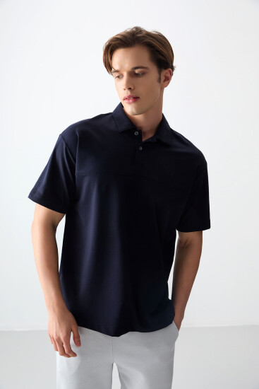 Lacivert Pamuklu Kalın Yumuşak Dokulu Polo Yaka Oversize Fit Basic Erkek T- Shirt - 88382 - Air Jones (1)