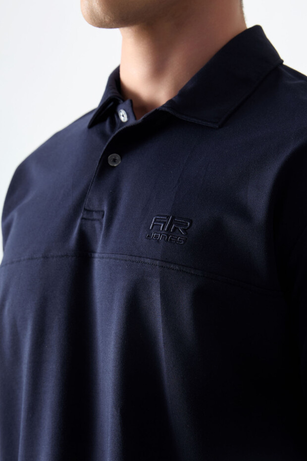 Lacivert Pamuklu Kalın Yumuşak Dokulu Polo Yaka Oversize Fit Basic Erkek T- Shirt - 88382 - 3
