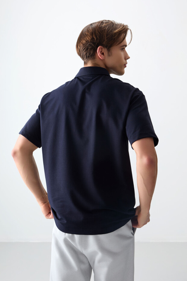 Lacivert Pamuklu Kalın Yumuşak Dokulu Polo Yaka Oversize Fit Basic Erkek T- Shirt - 88382 - 7