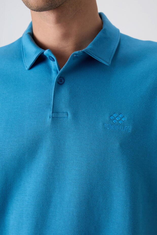Petrol Mavi Pamuklu Kalın Yumuşak Dokulu Oversize Fit Basic Polo Yaka Erkek T-Shirt - 88327 - 4