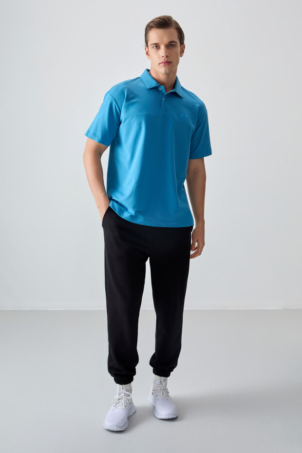 Petrol Mavi Pamuklu Kalın Yumuşak Dokulu Polo Yaka Oversize Fit Basic Erkek T- Shirt - 88382 - 2