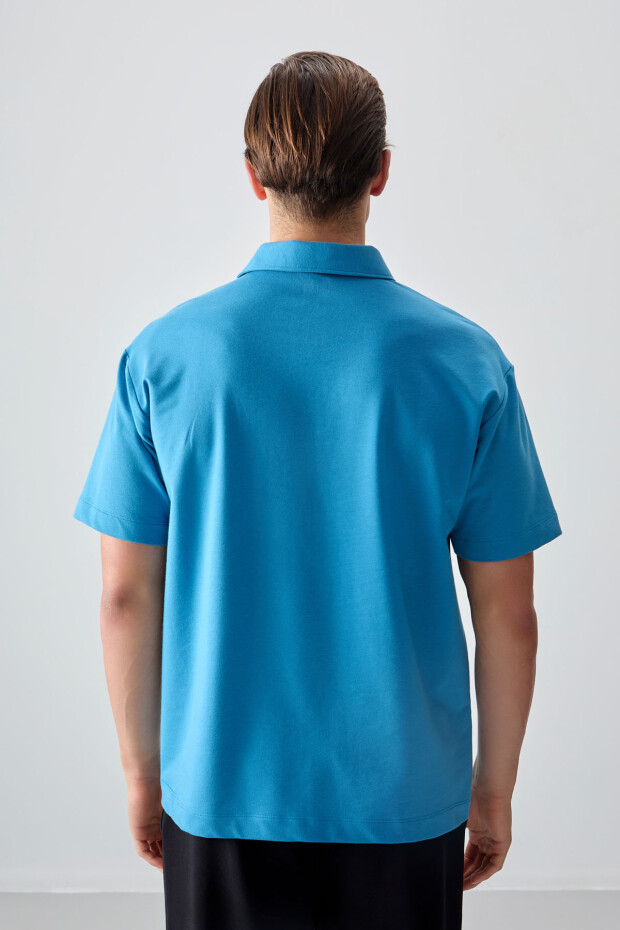 Petrol Mavi Pamuklu Kalın Yumuşak Dokulu Polo Yaka Oversize Fit Basic Erkek T- Shirt - 88382 - 5