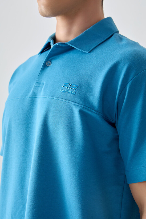 Petrol Mavi Pamuklu Kalın Yumuşak Dokulu Polo Yaka Oversize Fit Basic Erkek T- Shirt - 88382 - 3
