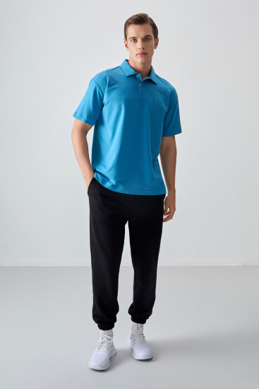 Petrol Mavi Pamuklu Kalın Yumuşak Dokulu Polo Yaka Oversize Fit Basic Erkek T- Shirt - 88382 - Thumbnail