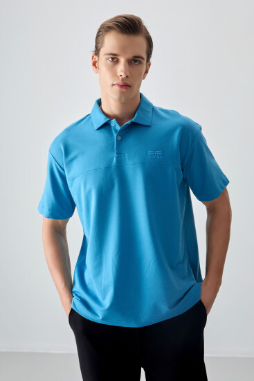 Petrol Mavi Pamuklu Kalın Yumuşak Dokulu Polo Yaka Oversize Fit Basic Erkek T- Shirt - 88382 - Thumbnail