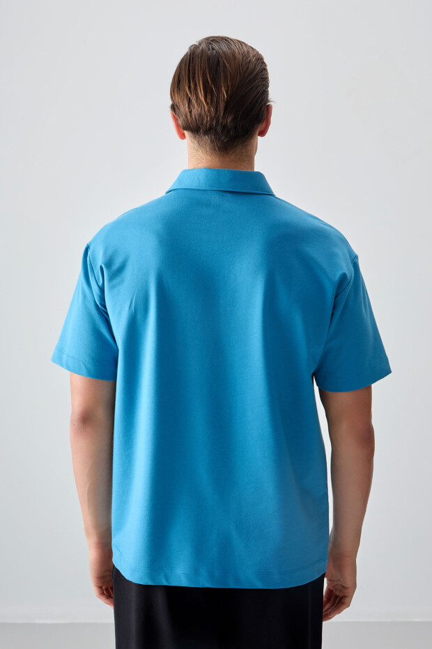 Petrol Mavi Pamuklu Kalın Yumuşak Dokulu Polo Yaka Oversize Fit Basic Erkek T- Shirt - 88382