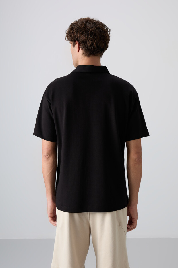 Siyah Pamuklu Kalın Yumuşak Dokulu Oversize Fit Basic Polo Yaka Erkek T-Shirt - 88327 - 5