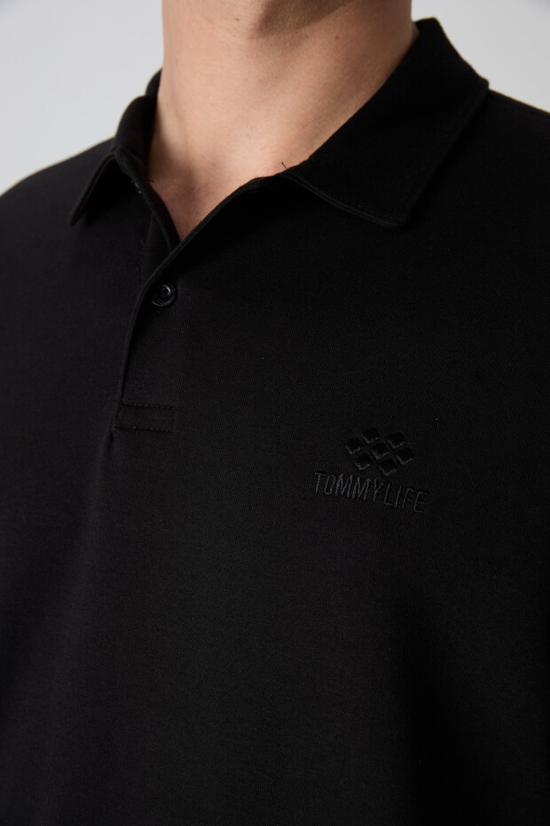 Siyah Pamuklu Kalın Yumuşak Dokulu Oversize Fit Basic Polo Yaka Erkek T-Shirt - 88327 - 3