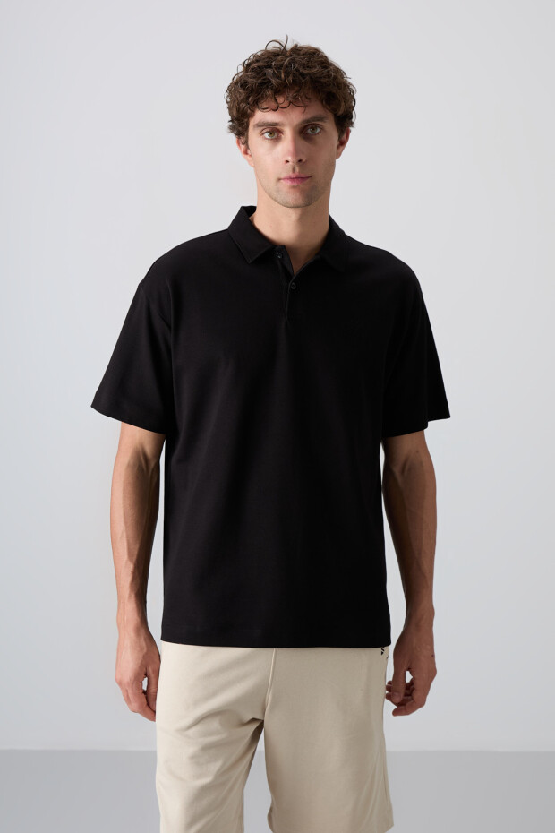 Siyah Pamuklu Kalın Yumuşak Dokulu Oversize Fit Basic Polo Yaka Erkek T-Shirt - 88327