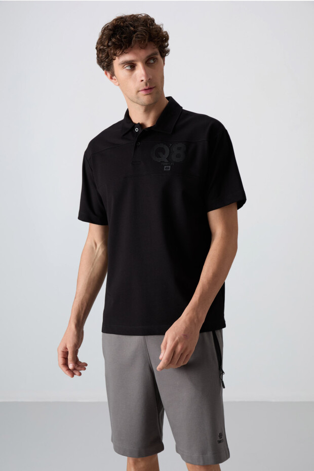 Siyah Pamuklu Kalın Yumuşak Dokulu Oversize Fit Baskılı Polo Yaka Erkek T-Shirt - 88347