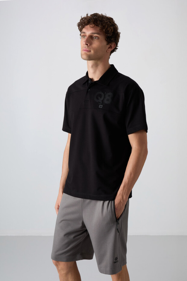 Siyah Pamuklu Kalın Yumuşak Dokulu Oversize Fit Baskılı Polo Yaka Erkek T-Shirt - 88347